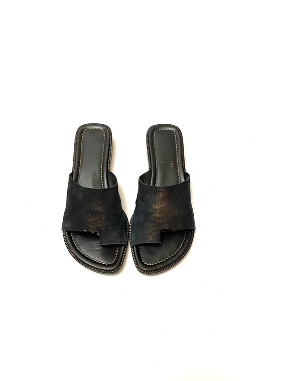 Vintage 1990s Black Metallic Sandals // Suede Sli… - image 1