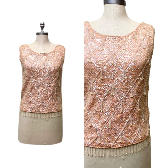 Vintage 1950s Pink Sequin Sweater // Sleeveless B… - image 1