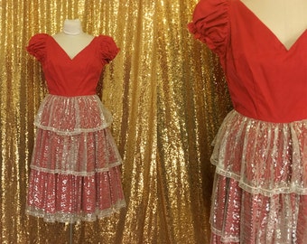 Vintage Red Country Western Dress // Square Dance Party Dress // 1950s Metallic Lace Dress // Christmas Party Dress // Winter Fashion