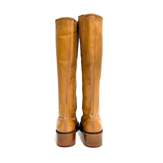 ミドルブーツ THREE TO EIGHTY CalfHigh Leather Boots Tan Vintage 1980s Chunky Wedge Heel Boots // Tan Leather Knee