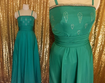 1960s Vintage Gown // Kelly Green Ball Gown Prom Dress // Rhinestone Full Length Formal Dress // Bridesmaid Dress Holiday Party Dress