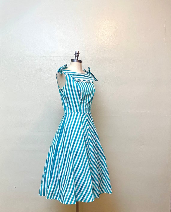 Vintage 1950s Cotton Stripe Dress // Teal and Tur… - image 6