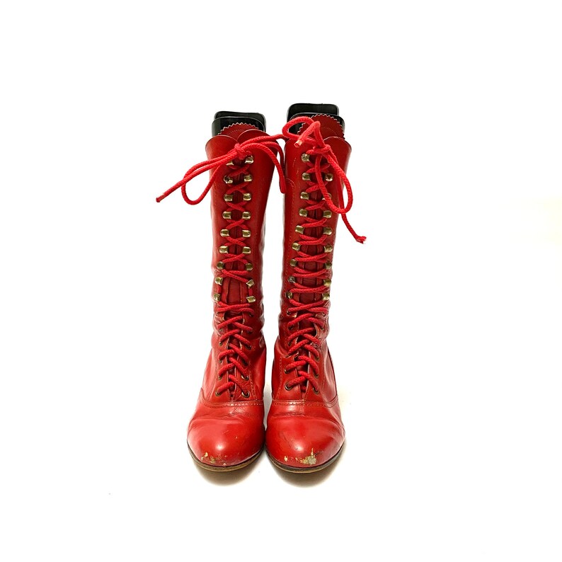 Vintage 1960s Red Granny Boots // Knee High Leather Lace