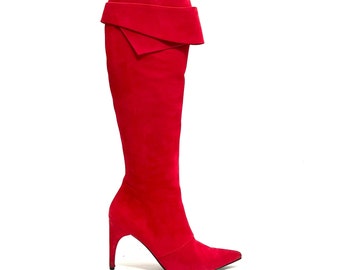 Vintage 1980s Knee High Boots // Cherry Red Suede Pointed Toe Fashion Boots by Charles Jourdan Size 8.5