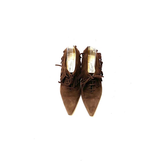 Vintage 1990s Jimmy Choo Heels // Brown Suede Fri… - image 9