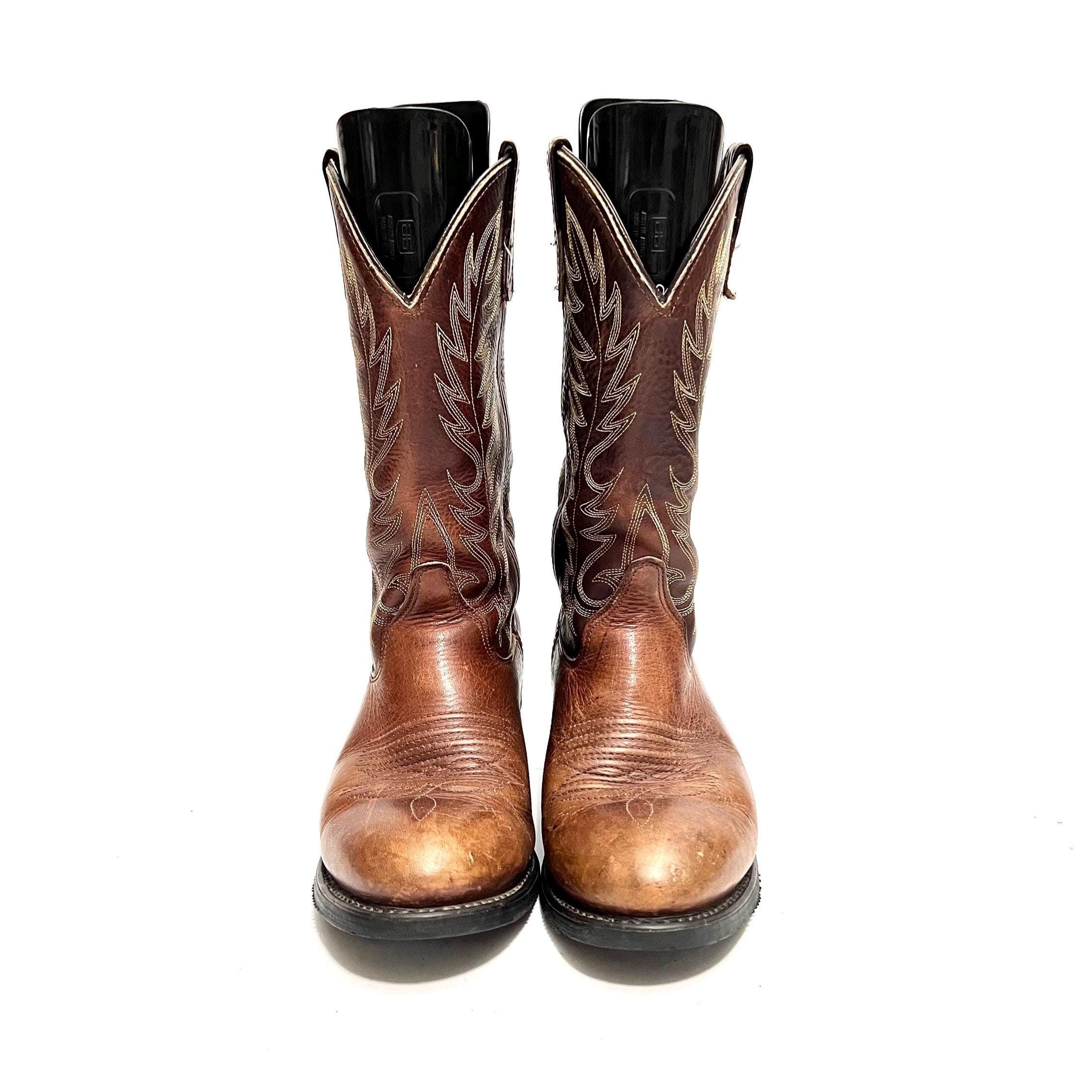 Vintage 1990s Mens Cowboy Boots // Brown Leather Mid Calf 