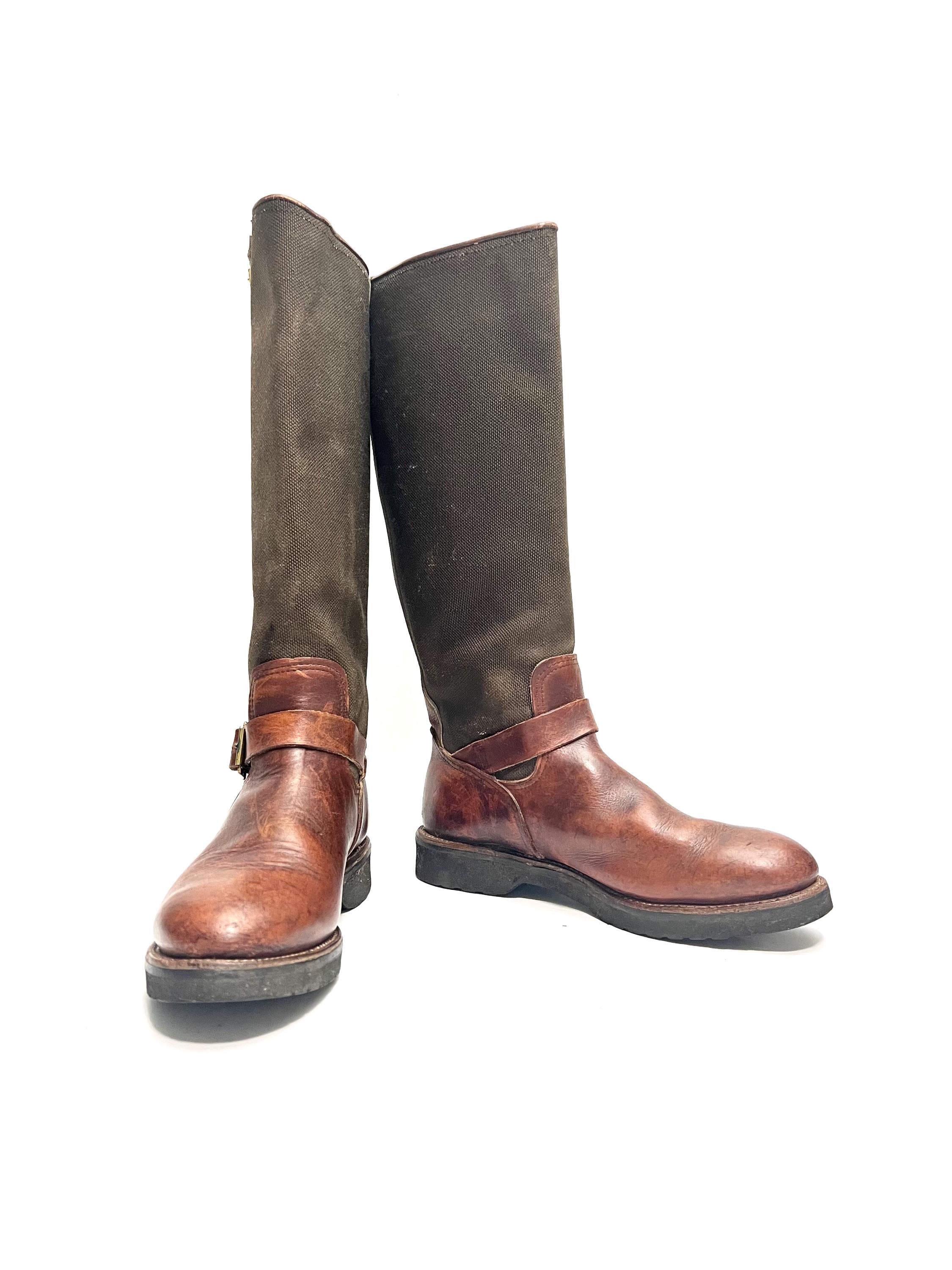 Vintage 1990s men\'s brown leather army green canvas snake proof hunting boots Vintage Gokeys 310 Black Label Leather Snake Proof Hunting  main image 2