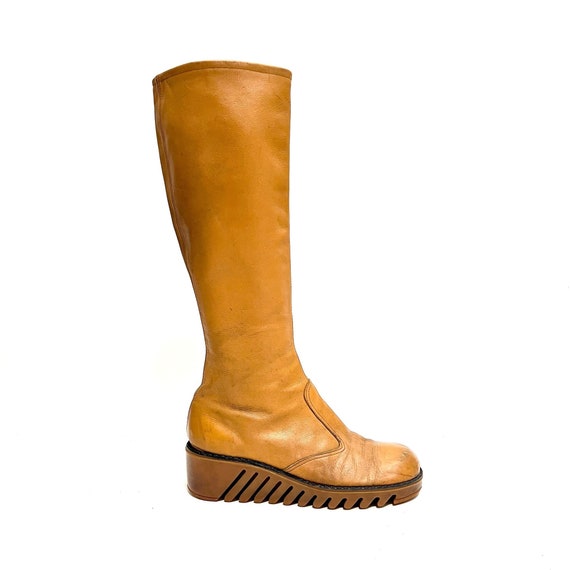Vintage 1980s Chunky Wedge Heel Boots Tan Leather Knee High Zip up Fashion Boots Size 5 Etsy