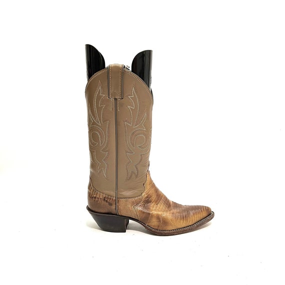 Vintage 1970s Womens Reptile Skin Cowboy Boots // Khaki Leather 