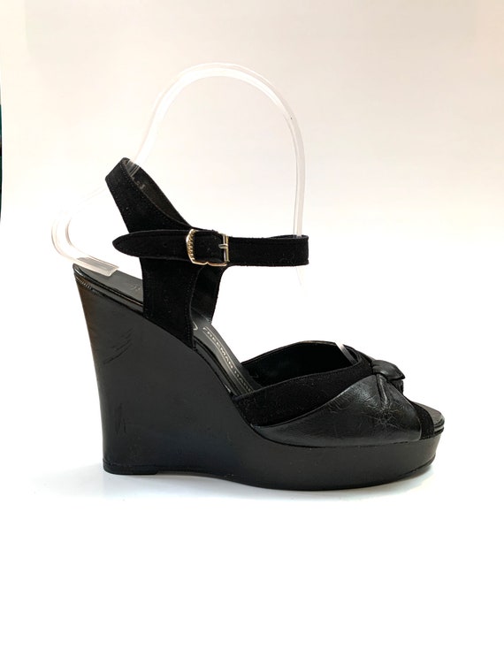Vintage 1960s Black Leather Mod Platform Wedge San