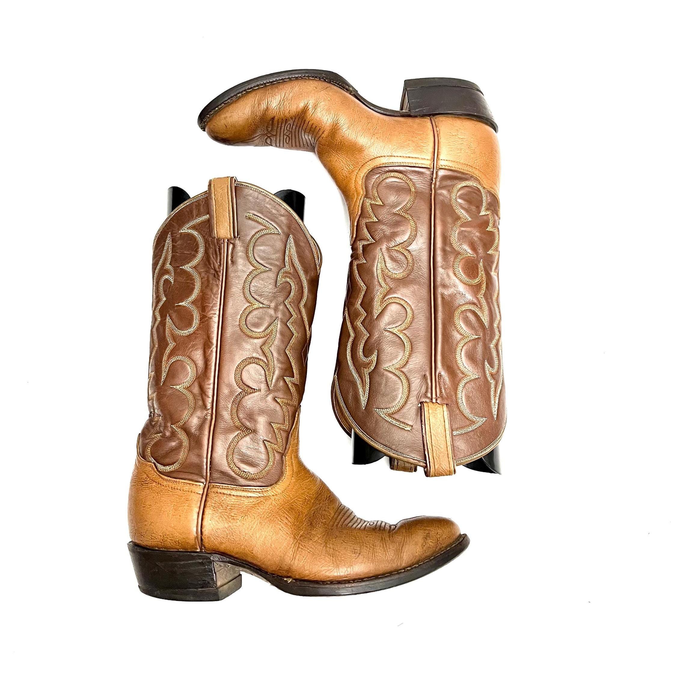 Vintage Tony Lama Boots Mens 8 D 1002 Two Tone Brown Leather Stitch Cowboy Tony Lama Mens 8 D Brown Two Toned Leather Boots Cowboy  main image 3