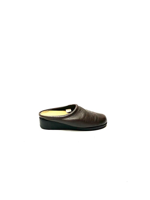 Vintage 1970s Walking Clogs // Brown Leather Slip… - image 1