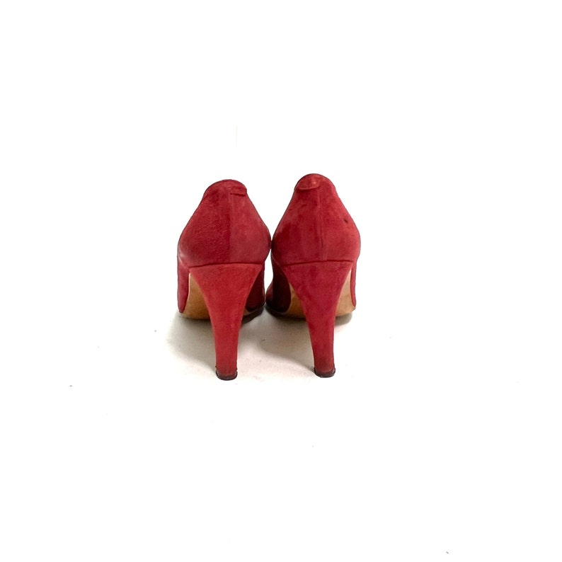 Vintage pumps med öppen tå från 1960-talet // Röd mocka med silverdetaljer från Julianelli, storlek 7 bild 8
