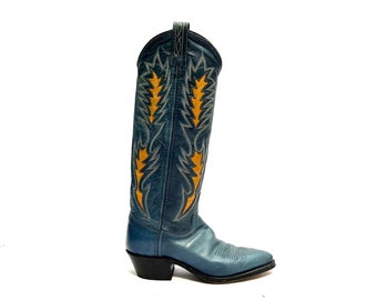 Vintage jaren 1960 Womens Cowboy Boots / / Blauw Lederen Knie High Gold Inlay Western Heeled Boots door Dan Post Maat 5.5