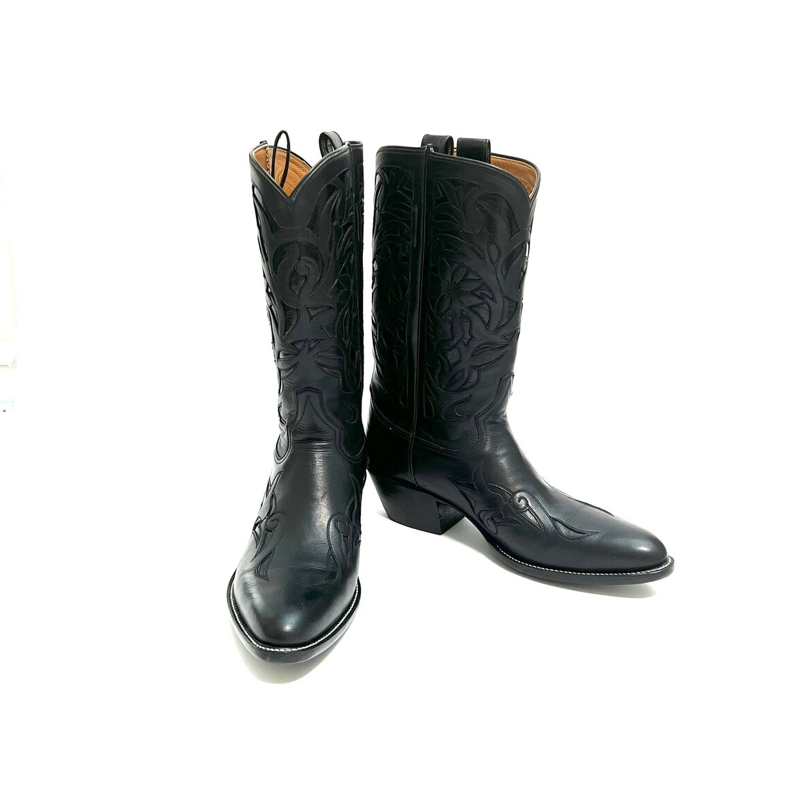 Vintage 1990s Mens Rocketbuster Cowboy Boots // Custom Handmade Bespoke Black Leather Floral Mid Calf Boots Size 9, foto 4 di 5