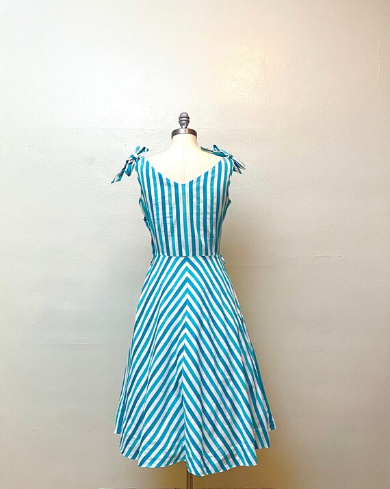 Vintage 1950s Cotton Stripe Dress // Teal and Tur… - image 7