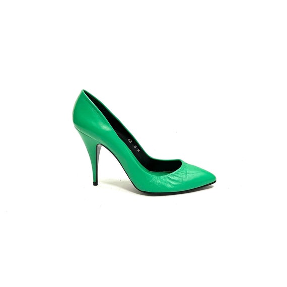 Vintage 1970s Stiletto Heels // Kelly Green Leath… - image 1