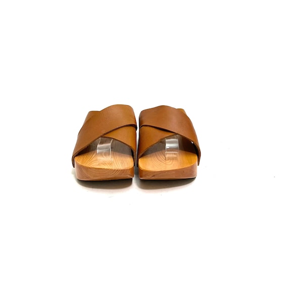 Vintage 1970s Wooden Platform Sandals // Tan Leather … - Gem