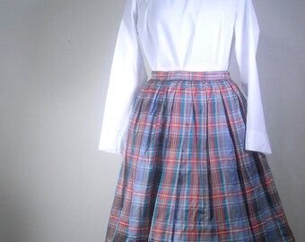 Vintage Circle Skirt 1950s Bubble Skirt Shiny Plaid Full Pleated Party Skirt with Crinoline