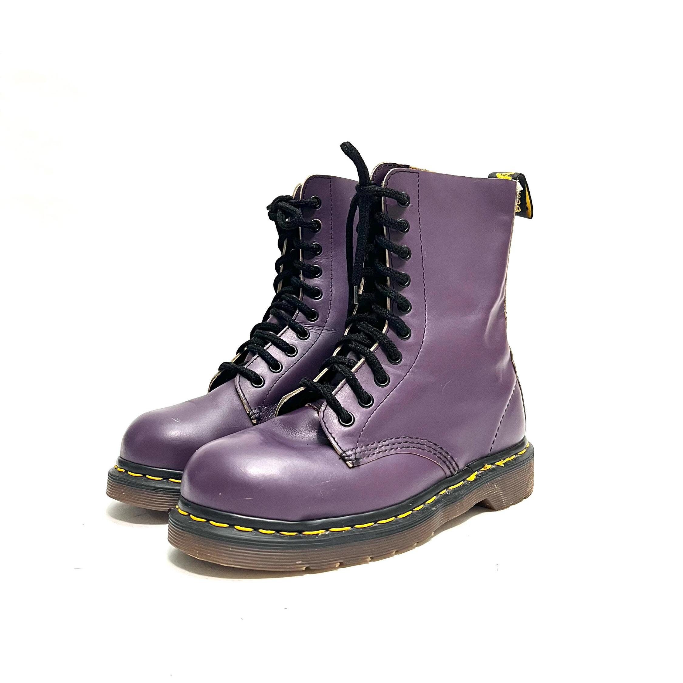 Vintage 1990s Womens High Top Combat Boots // Purple Leather Lace Up Chunky Work Boots by Dr. Martens MADE IN ENGLAND