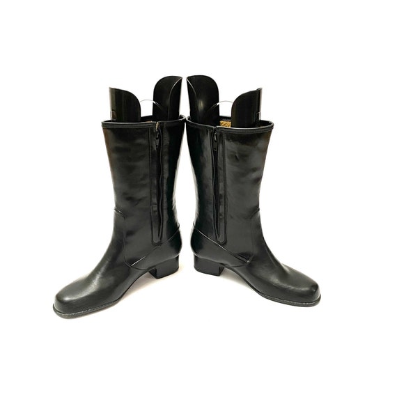 Vintage 1970s Rain Boots // Black Rubber Zip Up H… - image 5