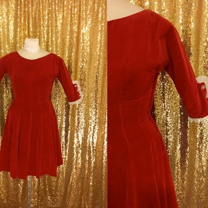 Vintage Red Velvet Party Dress // 1960s Mini Dress // Full Skirt Christmas Cocktail Dress // Rhinestone Lace Detail //