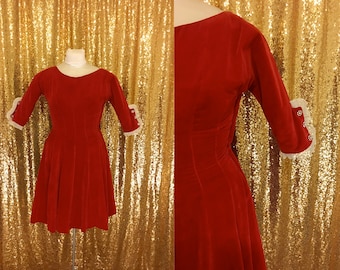 Vintage Red Velvet Party Dress // 1960s Mini Dress // Full Skirt Christmas Cocktail Dress // Rhinestone Lace Detail //