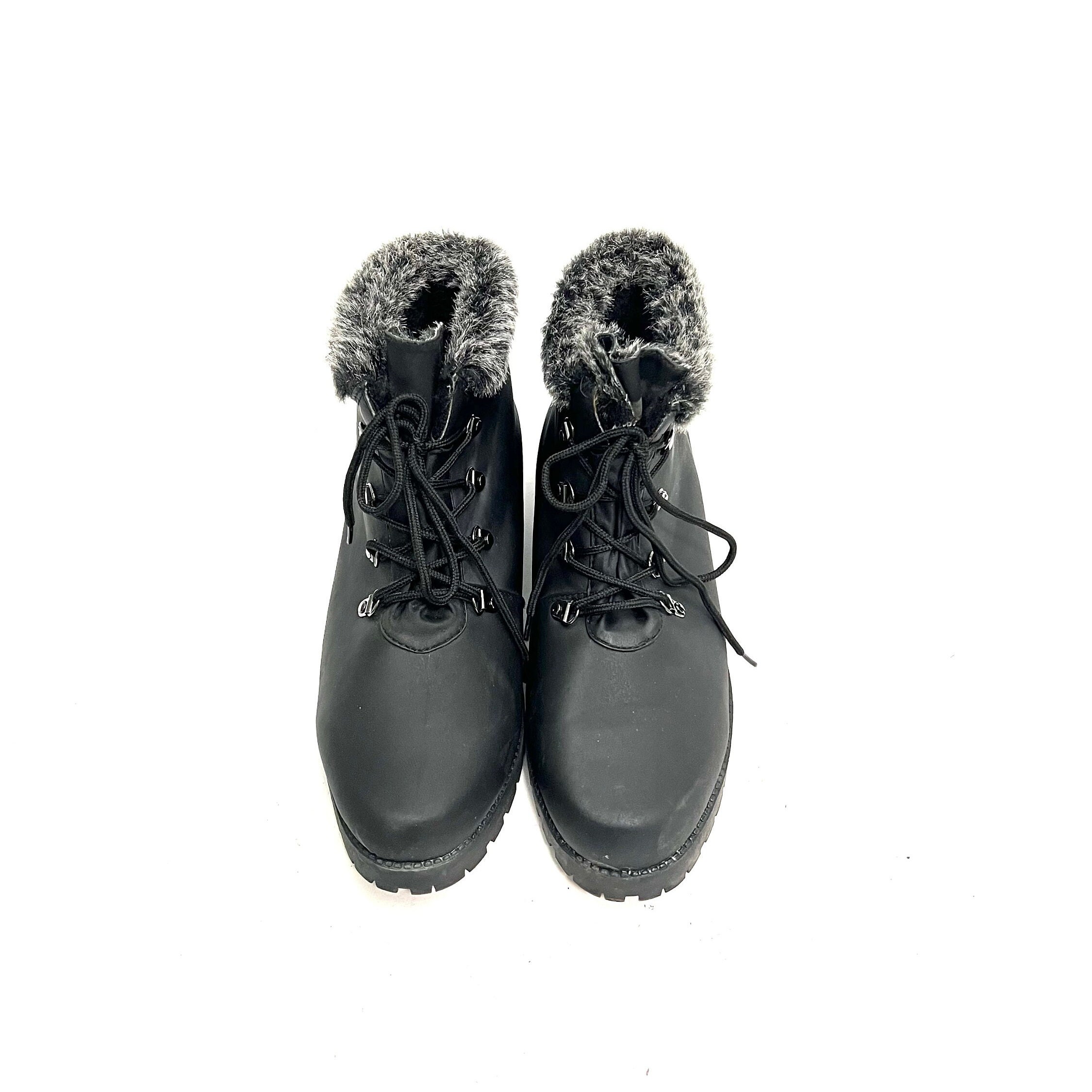 Vintage 1990s Faux Fur Snow Boots // Black Nylon Lace up 