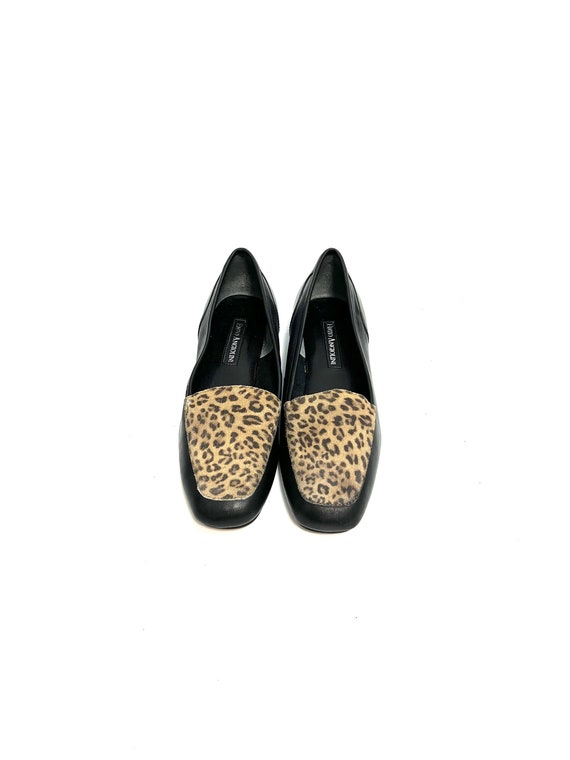 Vintage 1990s Leopard Print Loafers // Black Leat… - image 1