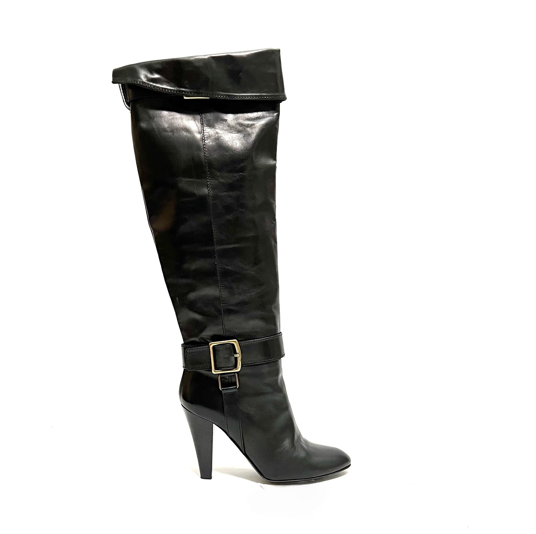 Vintage 1990s Over The Knee Boots Black Leather Fold Over Heeled Pirate Boots by Coach Size 8.5