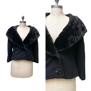 Vintage 1950s Cropped Fur Jacket // Black Wool Shawl Collar Double Breasted Formal Coat