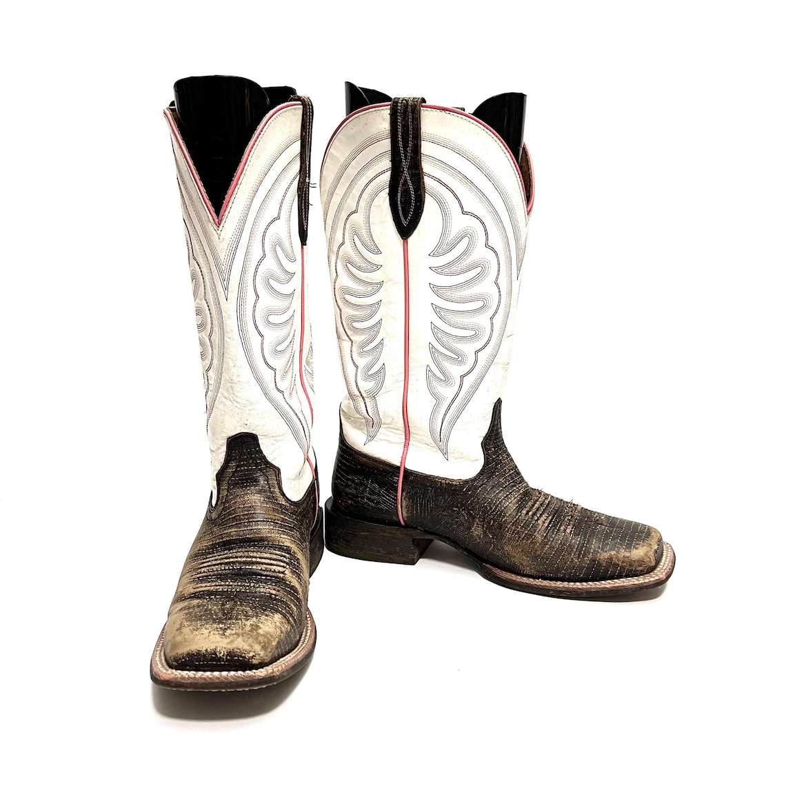 Vintage Y2K Womens Square Toe Cowboy Boots // Brown and White Leather Pink Trim Pull On Western Boots by Ariat Size 9, foto 4 di 5