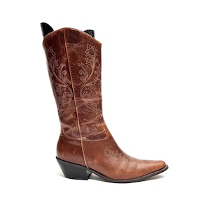 Vintage Y2K Extended Toe Western Boots // Brown Etched Leather Mid Calf Zip Up Boots by Matisse Size 7