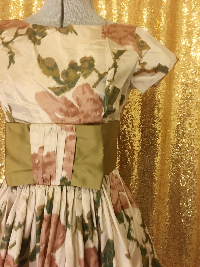 1950s Taffeta Party Dress Brown Floral Silk Dress Fit and Flare Full Skirt Alternative Wedding Bridesmaid Dress Small XS