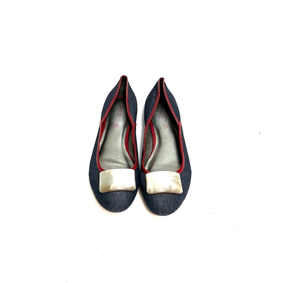 Vintage Y2K Blue Denim Canvas Ballet Flats // Red Patent Leather Slip On Loafers by Martin & Osa Size 8.5