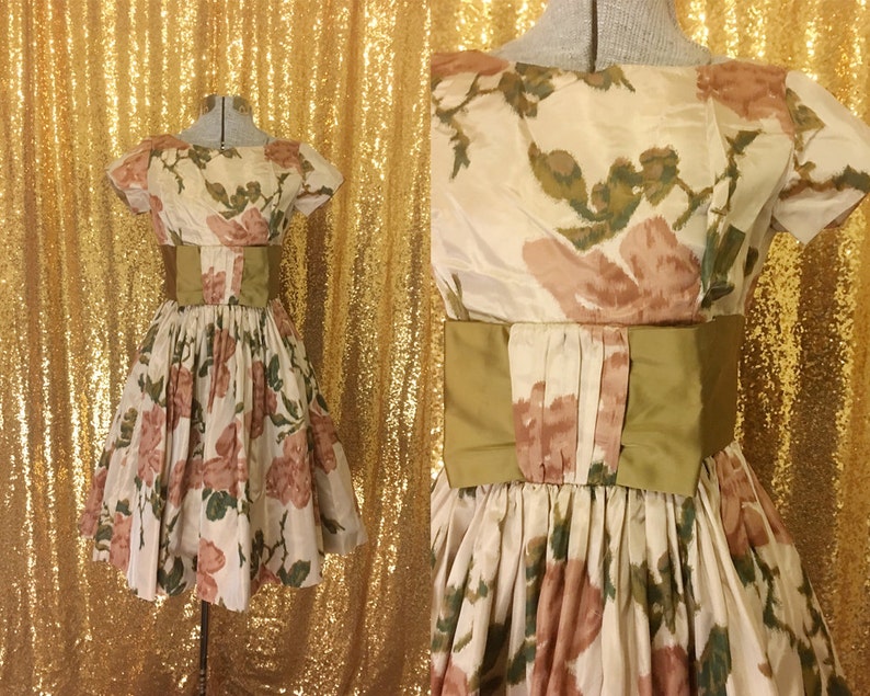 1950s Taffeta Party Dress Brown Floral Silk Dress Fit and Flare Full Skirt Alternative Wedding Bridesmaid Dress Small XS