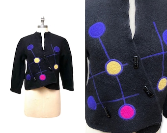 Vintage années 1980 Geometric Cardigan // Black Wool Asymetrical Memphis Style Cropped Jacket