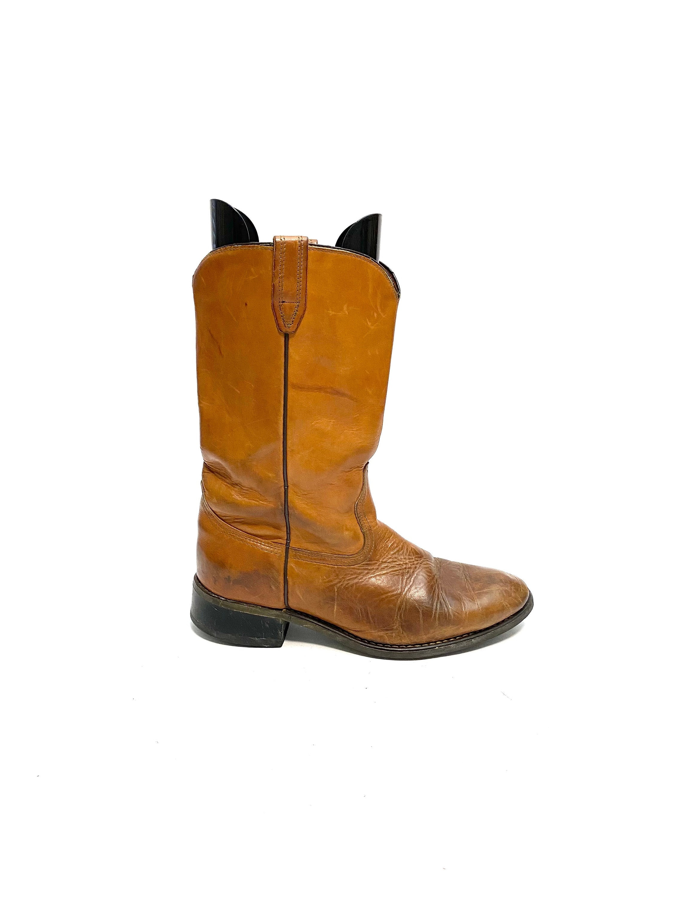Vintage 1970s Rugged Mens Cowboy Boots // Tan Leather Mid