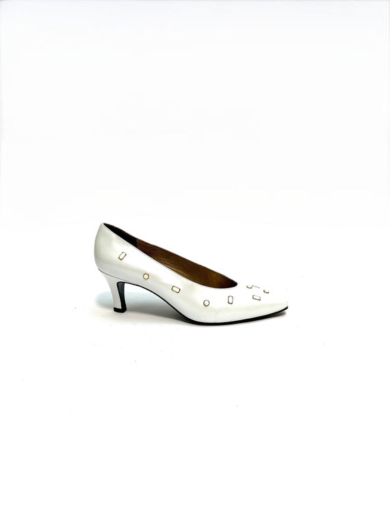 Vintage 1980s Geometric Studded Pumps // Pearl Wh… - image 1