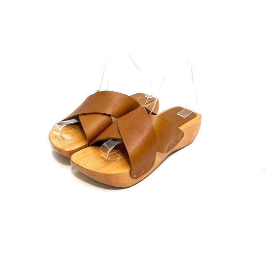 Vintage 1970s Wooden Platform Sandals // Tan Leather … - Gem