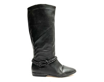 Vintage 1980s Womens Riding Boots // Black Leather Braided Rope Pull On Knee High Boots Size 8.5