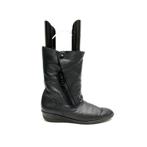 Vintage 1980s Faux Fur Snow Boots // Black Leather Side Zip Snap Top Winter Boots Size 10