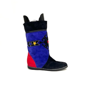 Vintage 1980s Colorblock Boots // Red and Blue Suede Appliqué Mid Calf Pull On Fashion Boots Size 7.5