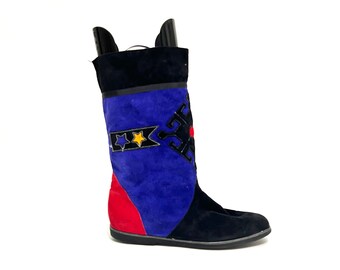 Vintage 1980s Colorblock Boots // Red and Blue Suede Appliqué Mid Calf Pull On Fashion Boots Size 7.5