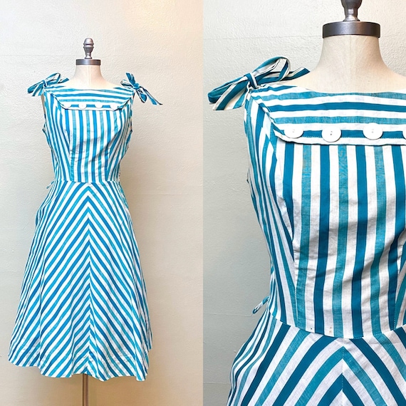 Vintage 1950s Cotton Stripe Dress // Teal and Tur… - image 1