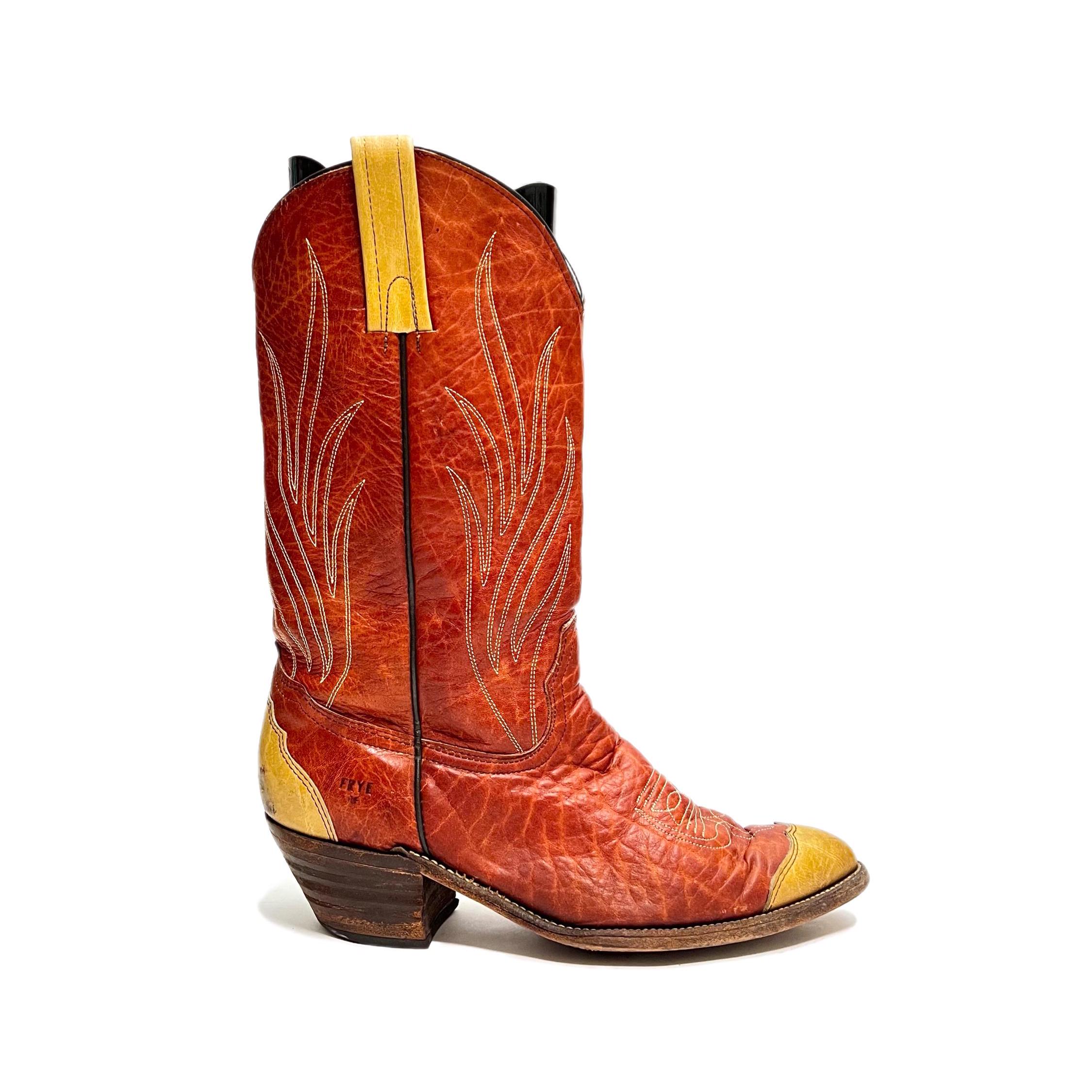 Vintage 90s Frye Tan Leather Western Cowboy Boots Men\'s 9.5D Vintage 1970s Frye Cowboy Boots: Cognac Brown Leather, Men main image 3