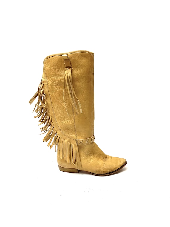 Vintage 1970s Italian Leather Fringe Boots // Tan… - image 1