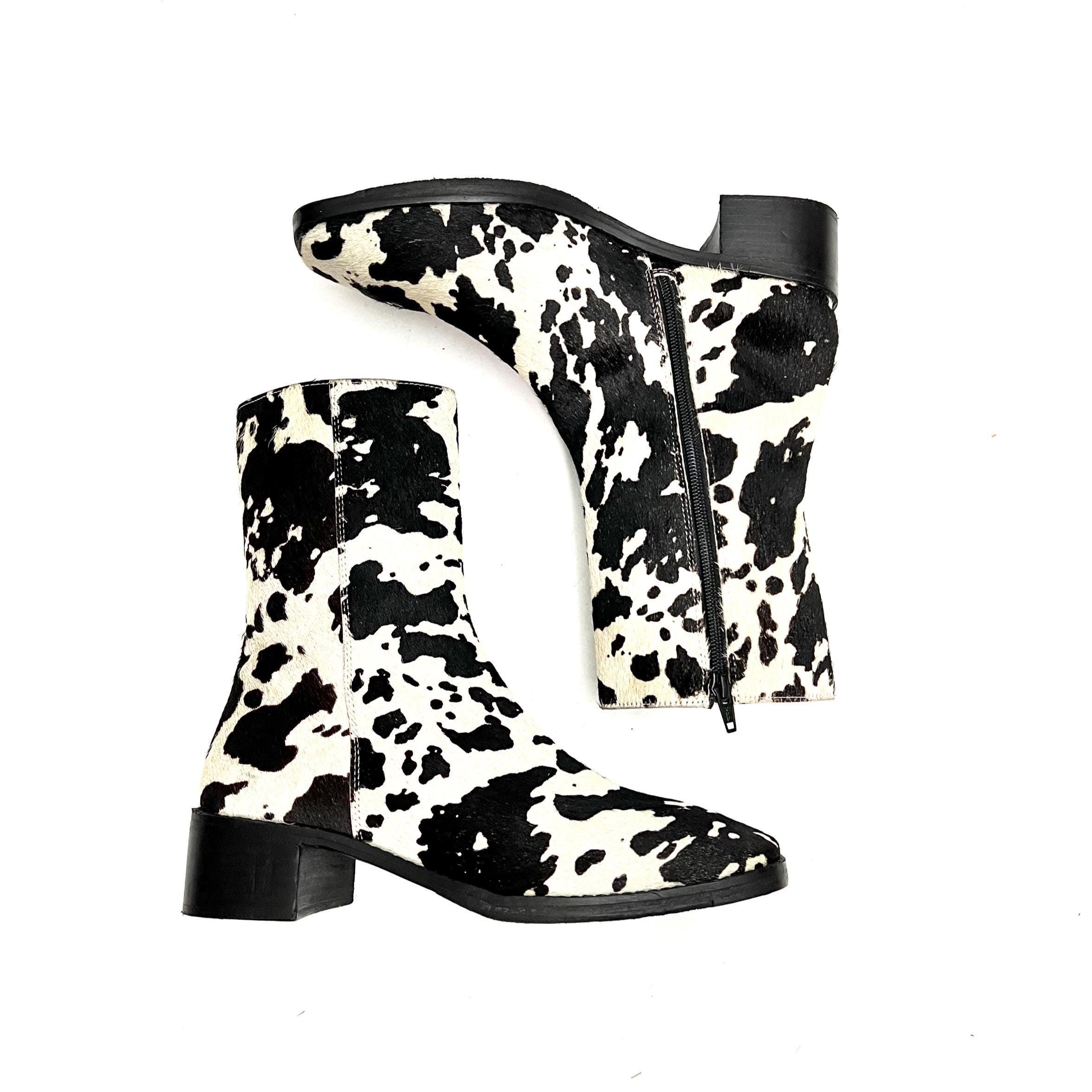 Vintage Y2K Deadstock Cow Print Boots // Black and White Pony Hair