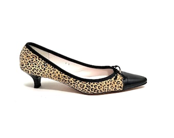 Vintage Y2K Leopard Print Kitten Heels // Black Leather Pointed Toe Slip On Pumps by Paul Mayer Attitudes Size 9