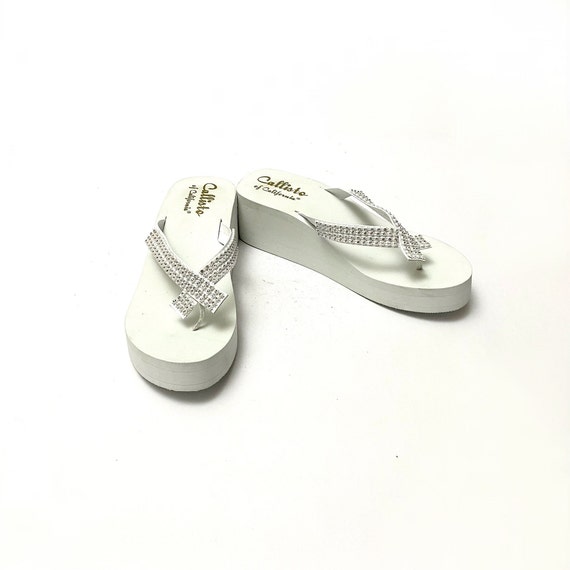 Vintage 1990s Rhinestone Flip Flops // White Foam… - image 4